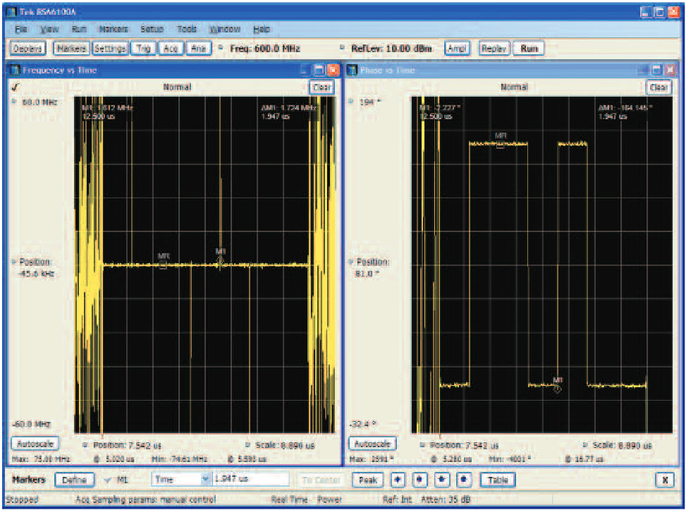 Barker coded pulse with Freq vs. Time on the left and Phase vs. time on the right